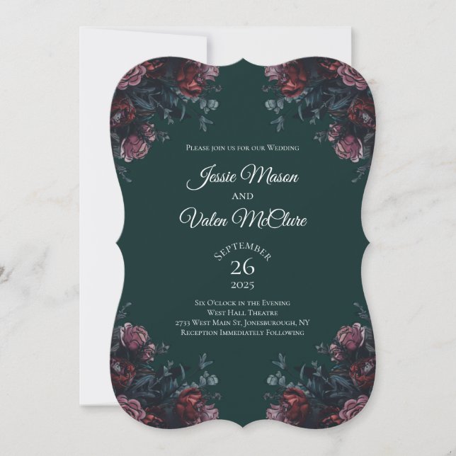 Dark Forest Green Elegant Wedding Maroon Mauve Invitation (Front)
