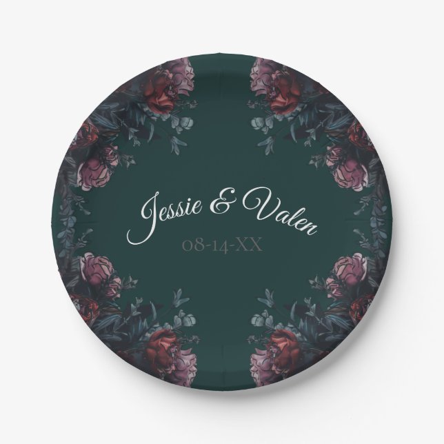 Dark Forest Green Elegant Wedding Maroon Mauve Paper Plate (Front)