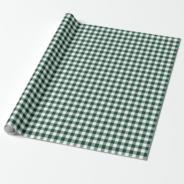 Dark Forest Green Gingham Check Pattern Wrapping Paper (Unrolled)