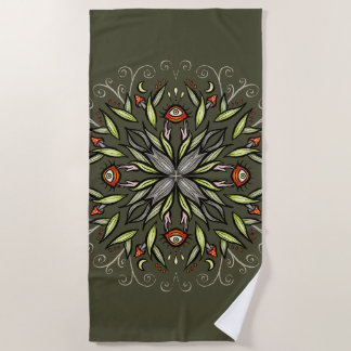 Dark Forest Green Goblincore Mushroom Eyes Trippy Beach Towel