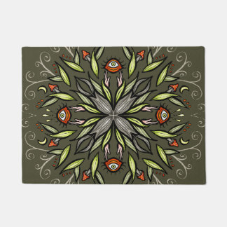 Dark Forest Green Goblincore Mushroom Eyes Trippy Doormat