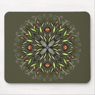 Dark Forest Green Goblincore Mushroom Eyes Trippy Mouse Mat