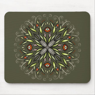 Dark Forest Green Goblincore Mushroom Eyes Trippy Mouse Mat