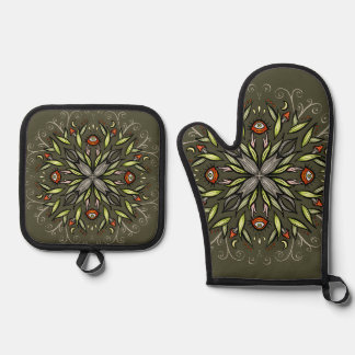Dark Forest Green Goblincore Mushroom Eyes Trippy Oven Mitt & Pot Holder Set