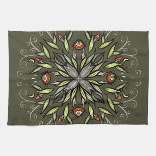 Dark Forest Green Goblincore Mushroom Eyes Trippy Tea Towel