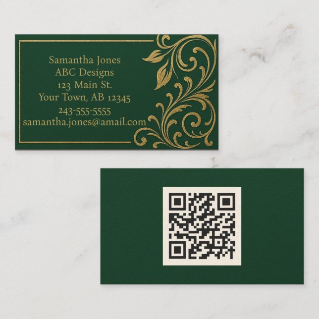 Dark Forest Green & Gold QR Code Business Card (Front/Back)