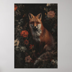 Dark Forest Red Fox Art Painting, Cottagecore Poster
