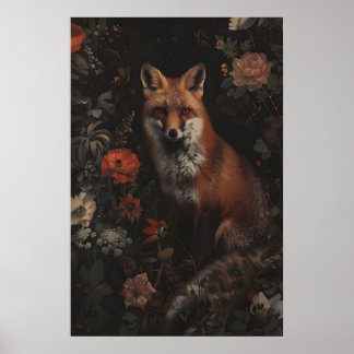 Dark Forest Red Fox Art Painting, Cottagecore Poster