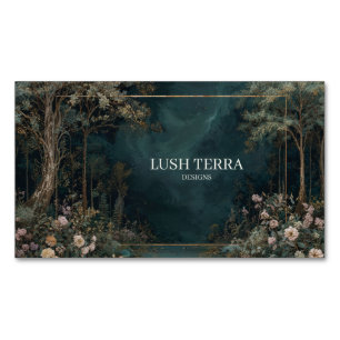 Dark Forest Teal Twilight Gold Frame Floral Magnetic Business Card