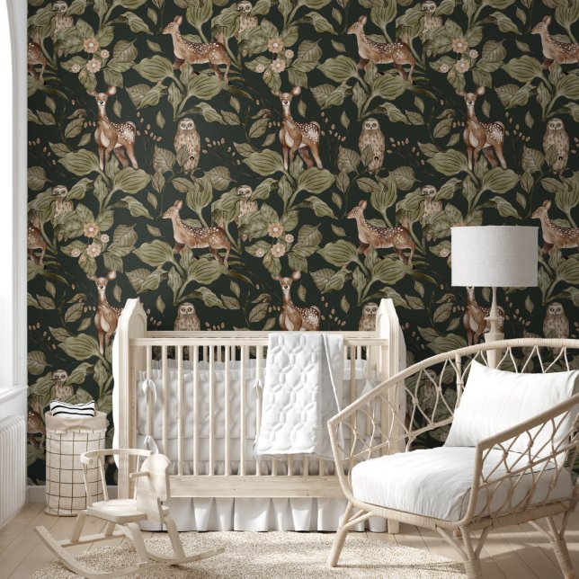  Dark Forest Watercolor Deer & Greenery Wallpaper  (Kids)