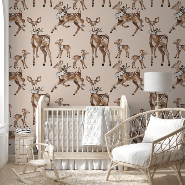  Dark Forest Watercolor Deer & Greenery Wallpaper  (Kids)