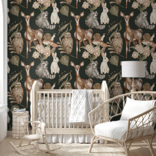  Dark Forest Watercolor Deer & Greenery Wallpaper 