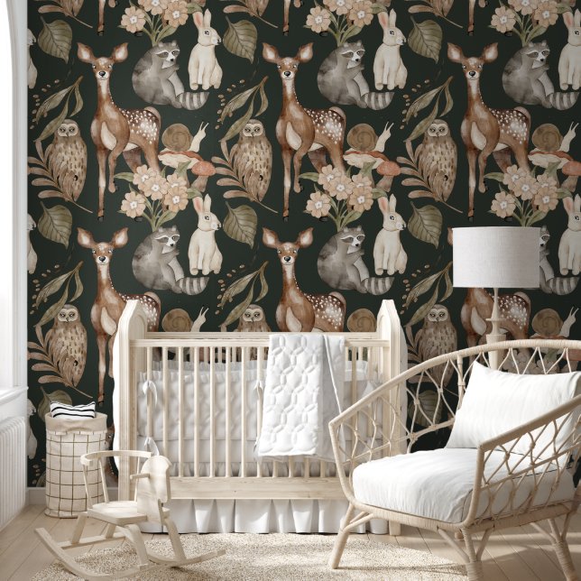  Dark Forest Watercolor Deer & Greenery Wallpaper  (Kids)