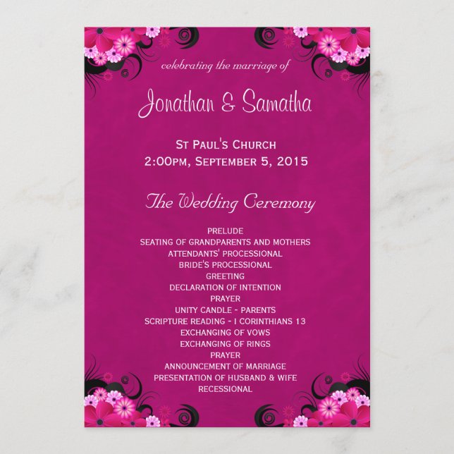 Dark Fuchsia Floral Flat Wedding Program Template (Front)