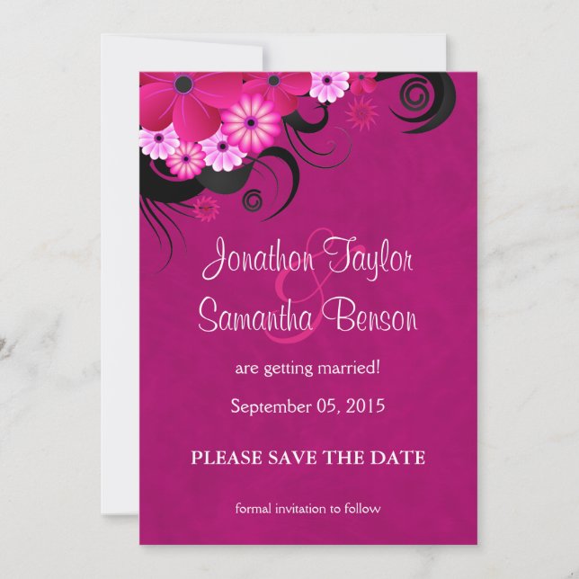 Dark Fuchsia Floral Save The Date Announcement (Front)