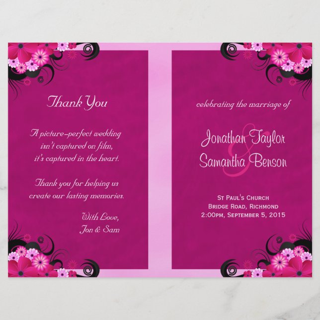 Dark Fuchsia Floral Wedding Program Templates (Front)