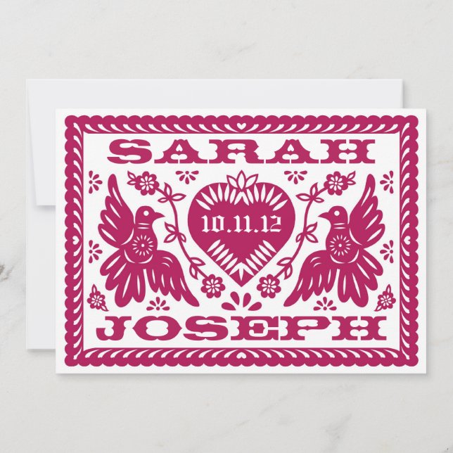 Dark Fuchsia Papel Picado Style Love Birds Invitation (Back)