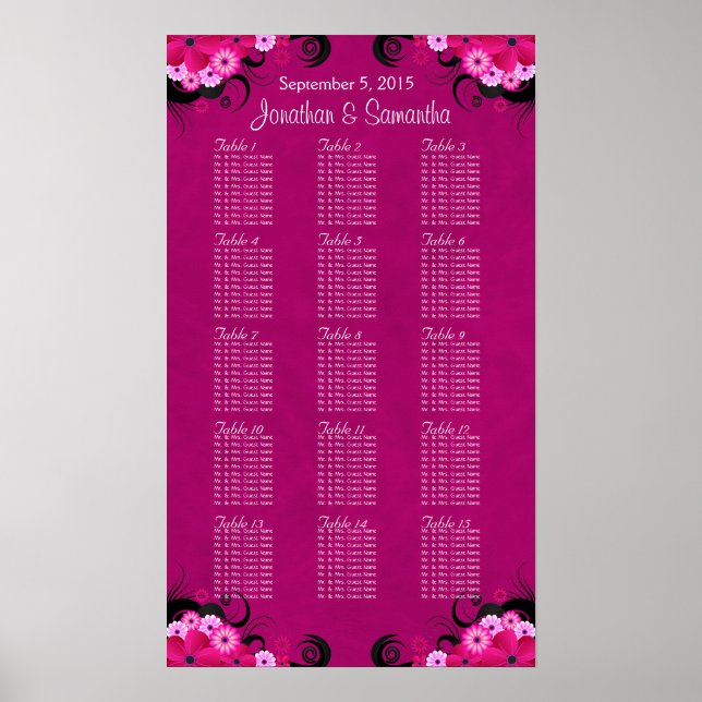 Dark Fuschia Floral 15 Wedding Table Seating Chart (Front)