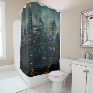 Dark Futuristic Stormy City Shower Curtain