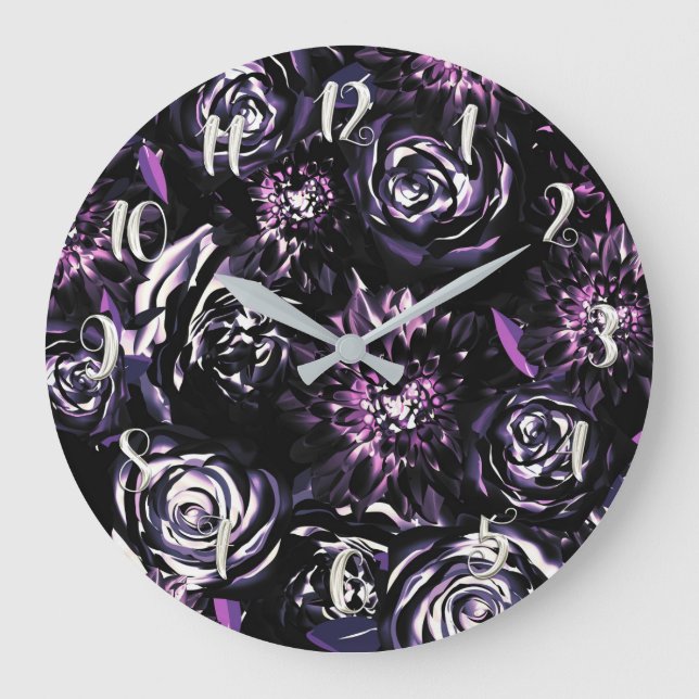Dark Garden Bewitching Purple Glam Flowers Large Clock (Front)