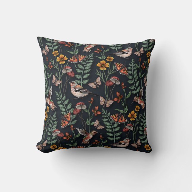 Dark Garden Birds & Butterflies Cushion (Front)
