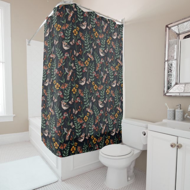 Dark Garden Birds & Butterflies Shower Curtain (In Situ)