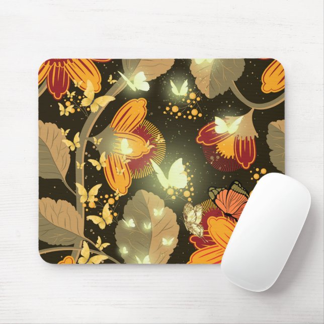 Dark Garden Flowers and Lighten Butterflies Mouse Mat (With Mouse)