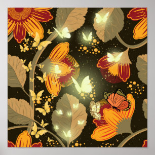 Dark Garden Flowers and Lighten Butterflies Poster