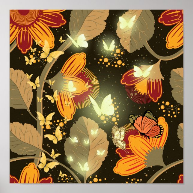 Dark Garden Flowers and Lighten Butterflies Poster (Front)