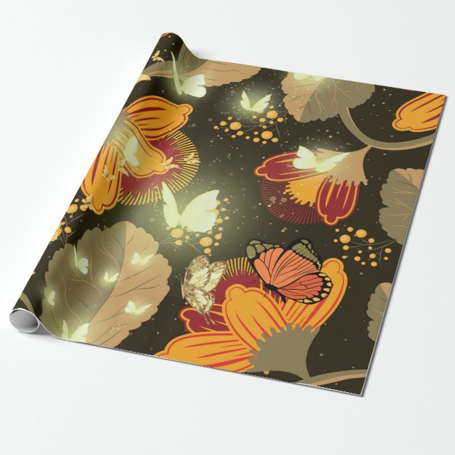 Dark Garden Flowers and Lighten Butterflies Wrapping Paper (Unrolled)