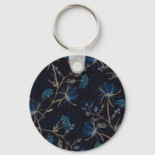 Dark Garden: Monotone Blue Floral Key Ring