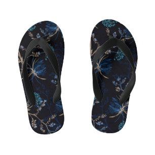Dark Garden: Monotone Blue Floral Kid's Flip Flops