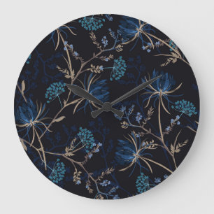 Dark Garden: Monotone Blue Floral Large Clock