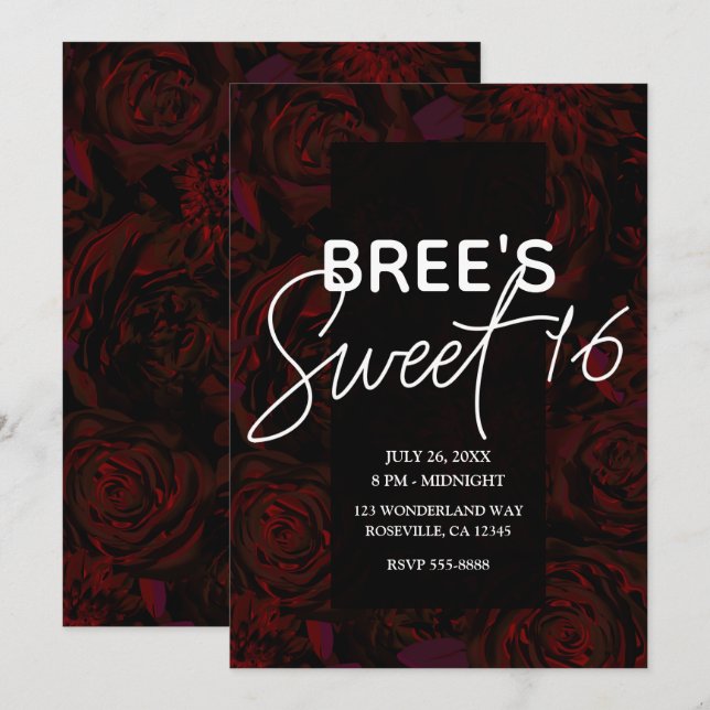 Dark Garden Red Romantic Flowers Glam Sweet 16   Invitation (Front/Back)