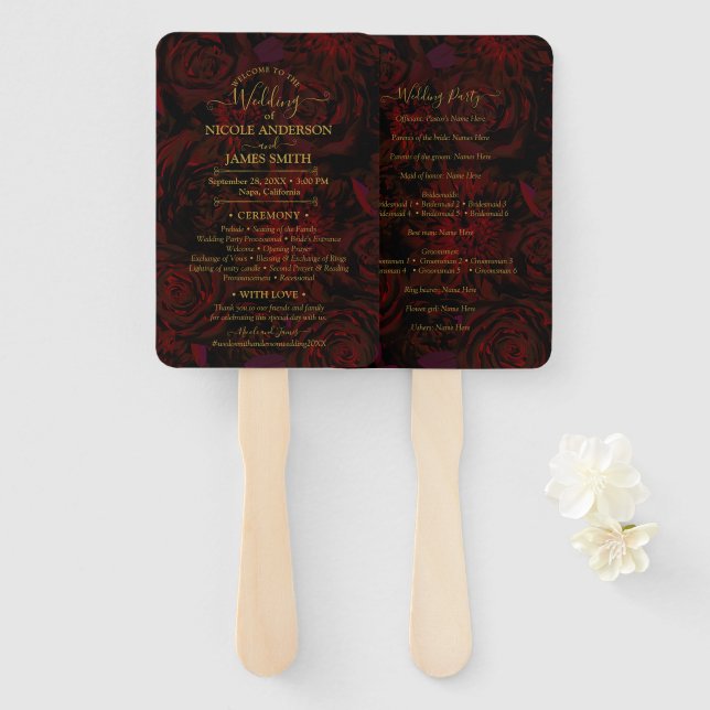 Dark Garden Red Romantic Flowers Glam Wedding  Hand Fan (Front and Back)