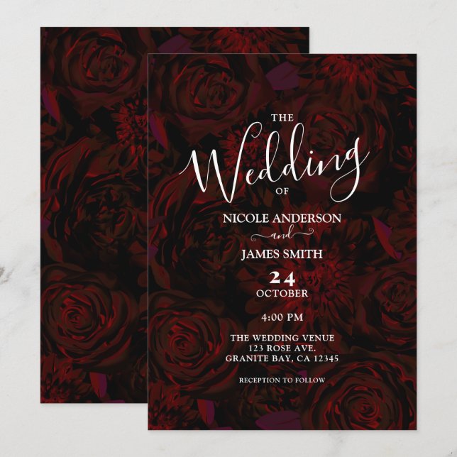 Dark Garden Red Romantic Flowers Glam Wedding  Invitation (Front/Back)