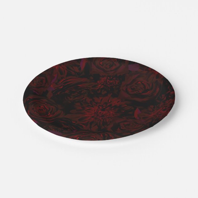 Dark Garden Red Romantic Flowers Gothic Wedding Paper Plate (Angled)