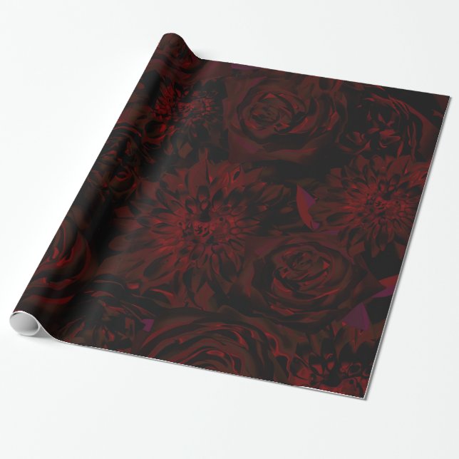 Dark Garden Red Romantic Flowers Gothic Wedding Wrapping Paper (Unrolled)