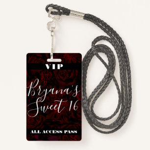 Dark Garden Red Romantic Flowers Sweet 16 VIP pass ID Badge