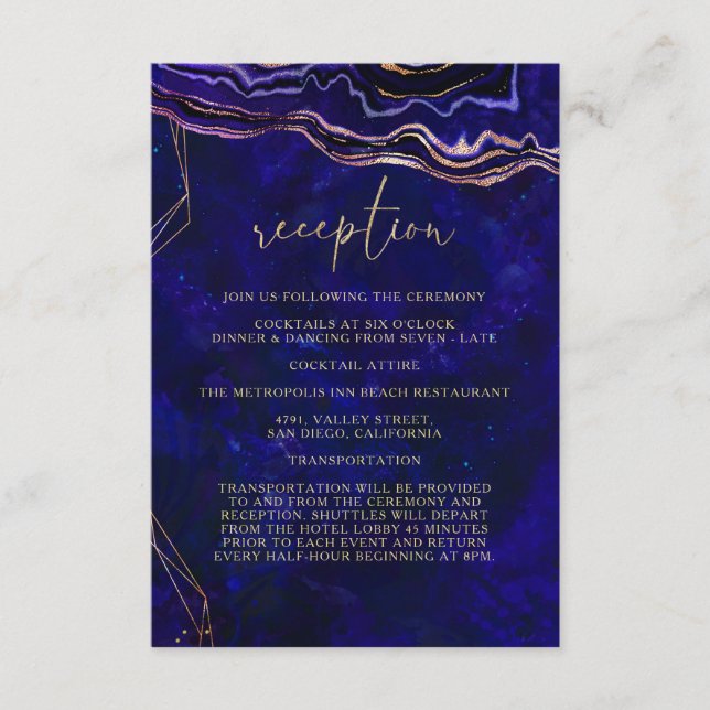 Dark Geode Deep Blue Agate Wedding Reception Enclosure Card (Front)