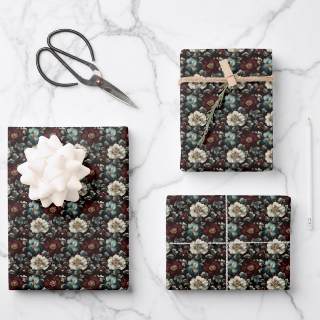 Dark Gilded Flowers on Black Wrapping Paper Sheet (Front)