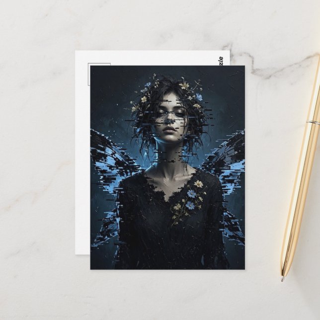Dark Glitch Fairy With Flowers Postcard (Front/Back In Situ)