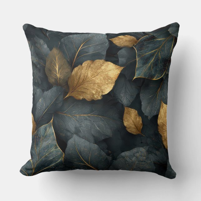 Dark Gold Botanical Leaves Throw Pillow (Front)