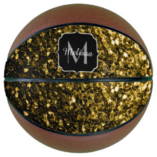 Dark gold faux glitter sparkle Monogram name Basketball