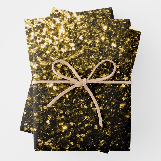 Dark gold faux glitter sparkles wrapping paper sheet (In situ)
