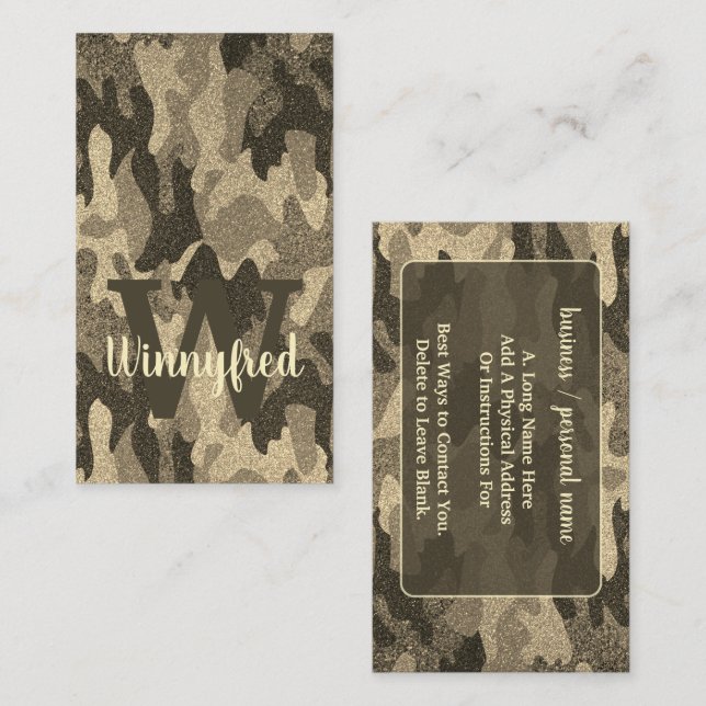 Dark Gold Glitter Camouflage Monogram Outdoorsy  Business Card (Front/Back)