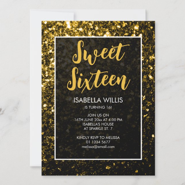 Dark Gold glitter sparkles Sweet 16 elegant script Invitation (Front)