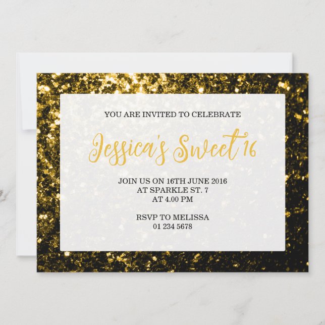 Dark gold glitter sparkles Sweet 16 elegant script Invitation (Front)