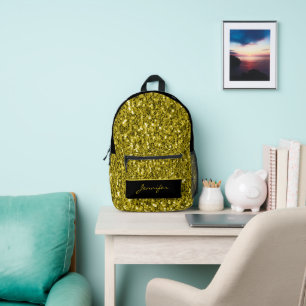 Dark Gold glitters sparkles black Custom name Printed Backpack