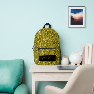 Dark Gold glitters sparkles black Custom name Printed Backpack